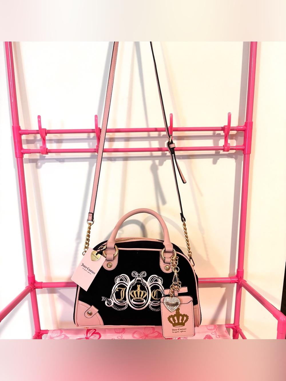 Juicy Couture Black Pink Crown Satchel Crossbody Bag NWT Y2K